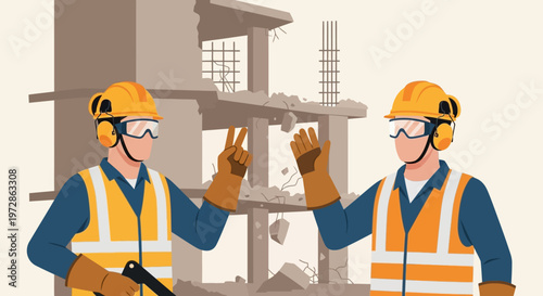Construction Workers in Safety Gear Communicating at Demolition Site Vector Illustration