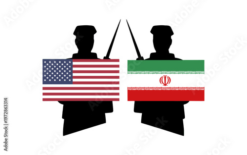 Conceptual representation of two opposing flags, United States and Iran, clashing symbolizing conflict.