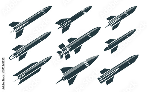 Illustration of a collection of different missiles.