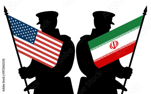 Silhouette soldiers stand guard, each holding their nation's flag in a symbolic display of international relations.