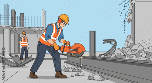 Construction worker using circular saw to cut steel beam on demolition site illustration