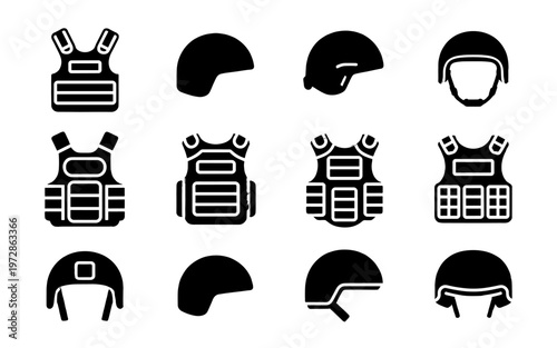 A collection of protective helmets and bulletproof vests.