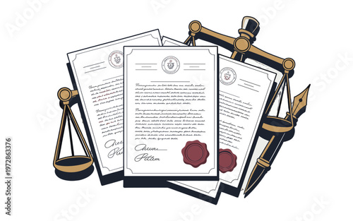  Legal documents with a symbol of justice and a pen.