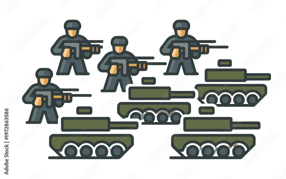 Obraz premium Military illustration of soldiers and tanks in action.
