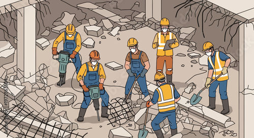 Construction Crew Working at Demolition Site Vector Illustration