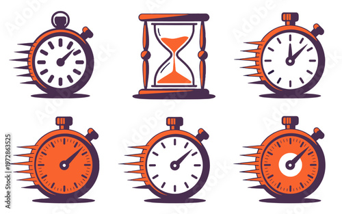 Time management and deadlines illustration with clocks and stopwatch.