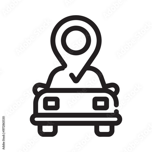 A simple black and white line drawing of a car with a location pin