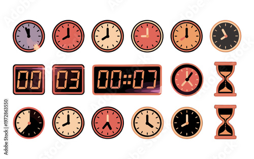 Collection of varied clocks showcasing different times.