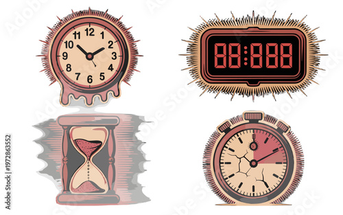 Diverse illustrations of various clocks representing the passage of time.