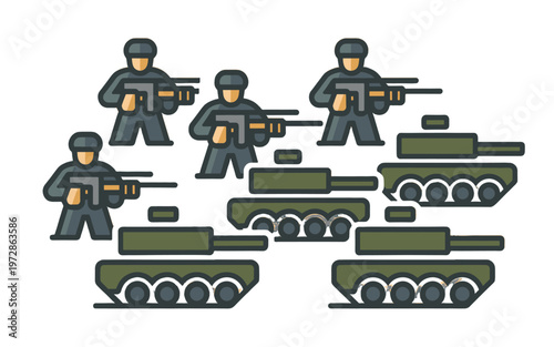 Military illustration of soldiers and tanks in action.