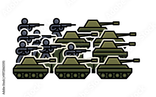 Illustration of a Military Scene: Soldiers and Tanks.