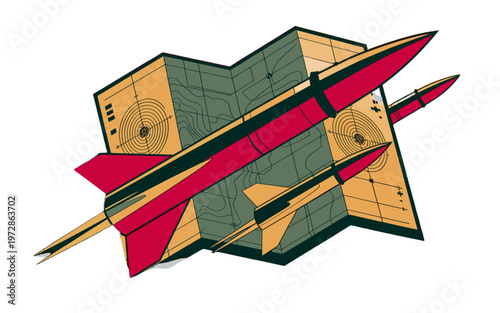 Modern missiles soaring towards their destination on the detailed map.