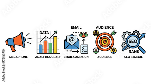 Seo and analytics symbols for digital marketing strategy, megaphone, data, email, audience