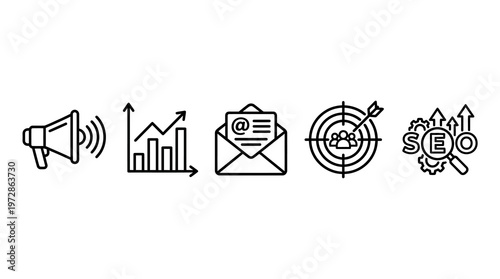 Seo strategy and marketing icons for business growth and communication