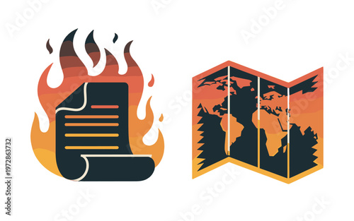 Conceptual representation of a document and a world map with burning flames.