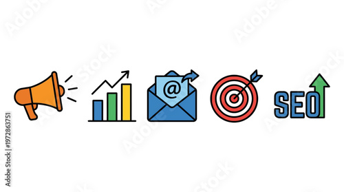 Seo strategy and marketing icons with megaphone, graph, email, target
