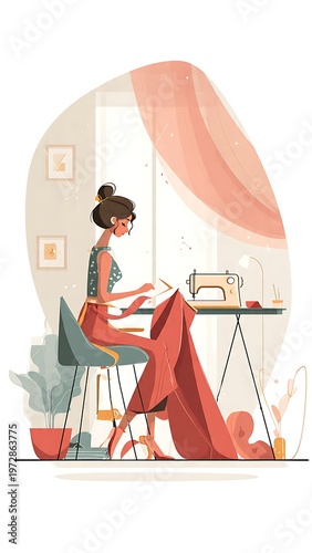 “Tailor Sewing Curtains Illustration – Textile Craft and Home Decor Design”