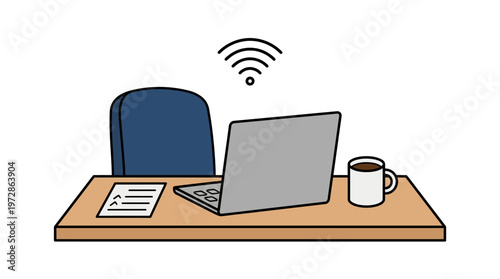 Modern workspace setup with laptop, coffee, and papers on a wooden desk