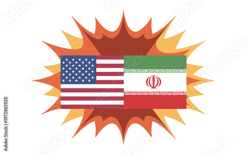Flags of USA and Iran on a Clashing Scene.