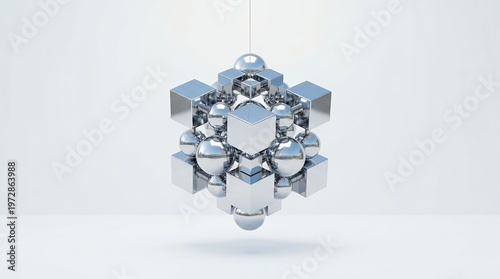 Abstract geometric sculpture of interconnected reflective spheres and cubes in minimal space