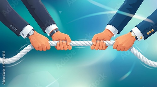 Businessmen competing in strategic tug of war concept with rope tension