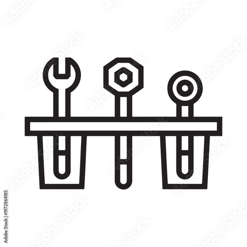 Line art illustration of tools hanging on a rack with holders