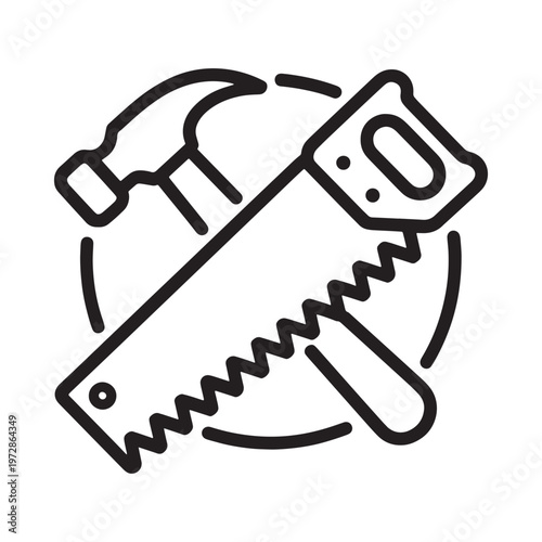 Simple line art illustration of a hammer and hand saw crossed
