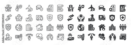Insurance thin line and solid icon set. Multi series icon collection. Web minimal icons