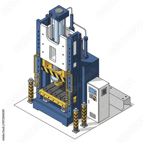 Heavy duty industrial hydraulic press machine isometric illustration.