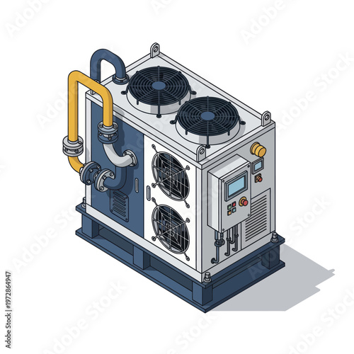 Industrial Chiller Unit with Fans and Pipes Isometric View.