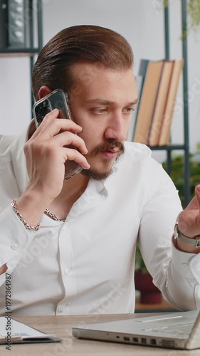 Conflict Quarrel Negotiation. Angry businessman ceo making webcam laptop online video call at office. Upset mad freelancer man talking colleague conversation analyzing financial report mistake problem