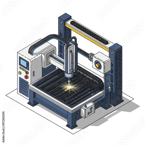 Industrial CNC plasma cutting machine in operation with sparks flying.