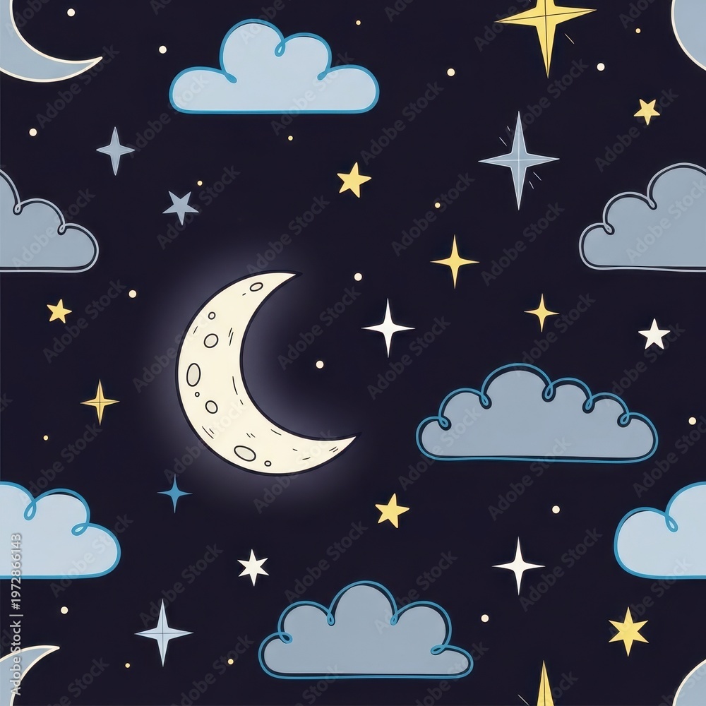 Naklejka premium Dreamy Night Sky Seamless Pattern with Crescent Moon, Clouds, and Twinkling Stars.