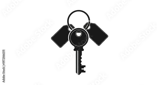 Black silhouette icon of a house key with two identification tags attached to a circular metal keyring, isolated on a white background, flat vector illustration of a keychain.