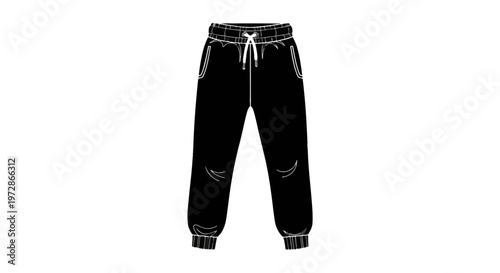 Black sweatpants vector illustration with white drawstring, elastic waistband, and ribbed ankle cuffs. Flat front view of joggers with side pockets isolated on white background.