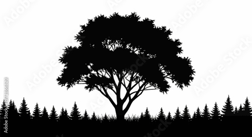 Black and white silhouette of a large deciduous tree with a wide spreading canopy and detailed branches standing in front of a distant horizontal line of pine trees and grass.
