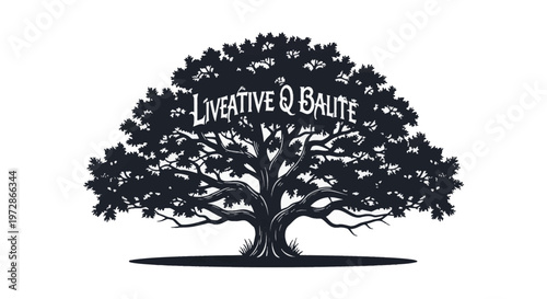 Black silhouette of a majestic live oak tree with spreading branches and dense leaves, featuring the text LIVEATIVE Q BALITE integrated into the canopy on a white background.