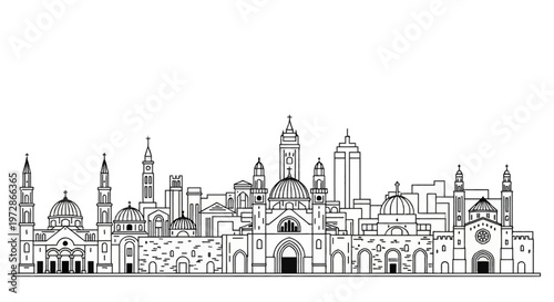 Panoramic city skyline illustration in black and white minimalist line art featuring historical cathedrals, domes, towers, and modern skyscrapers isolated on a white background.