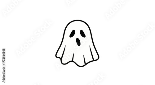 Minimalist black outline illustration of a spooky ghost with a wavy sheet hem and surprised facial expression featuring oval eyes and a round mouth on a solid white background.