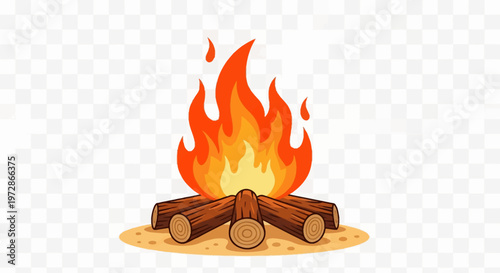 Stylized vector illustration of a campfire featuring vibrant orange and yellow flames rising from burning brown wood logs on a sandy base, isolated on a transparent background.