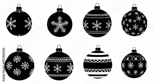 Set of eight black Christmas ball silhouettes featuring various white snowflake and geometric patterns, isolated on a white background for holiday graphic design applications.