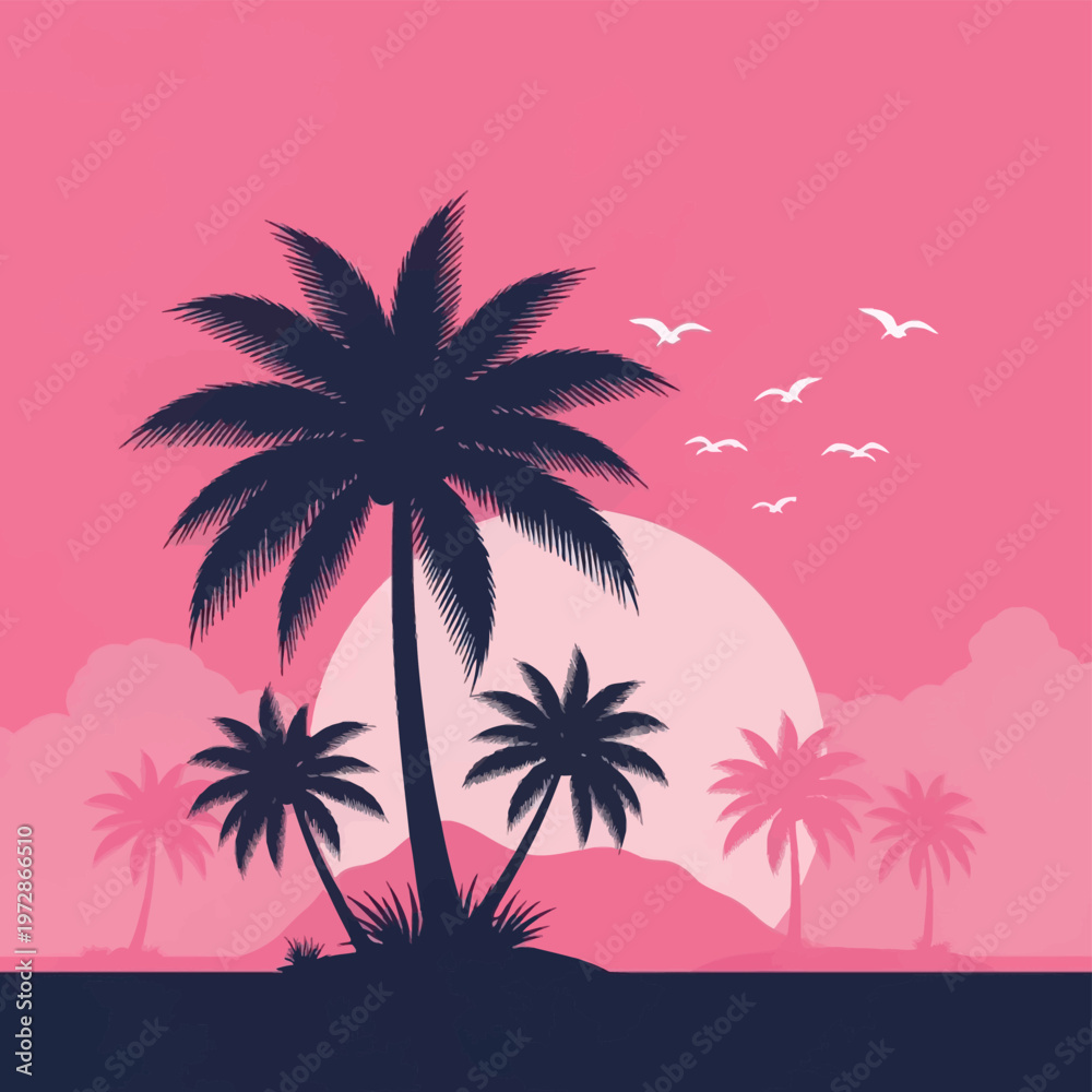 Obraz premium Tropical vector illustration featuring dark silhouettes of palm trees on a small island, set against a pink sunset sky with a large circular sun, flying birds, and layered mountain clouds.