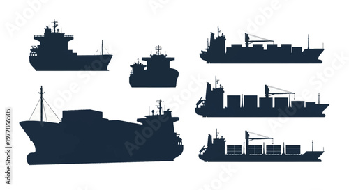 Set of dark blue container ship and cargo vessel silhouettes showing various maritime transport perspectives including side profiles and front views on a plain white background.