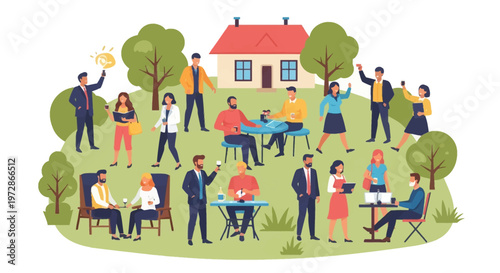 Flat vector illustration of a diverse group of professional men and women socializing in an outdoor park setting with a small house, trees, tables, and drinks on a white background.