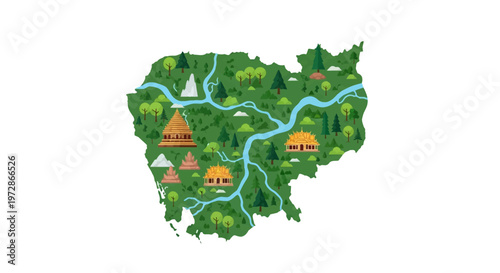 Flat vector map of Cambodia featuring green landscape, blue rivers, and iconic landmarks like Angkor Wat and Royal Palace temples with diverse forest trees on white background.