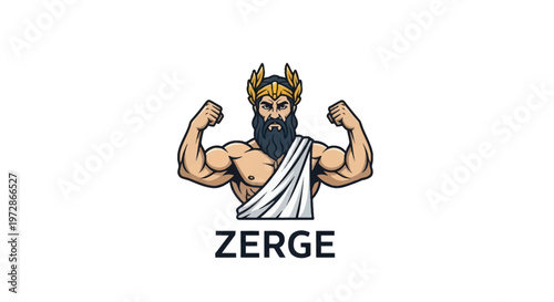 Vector mascot logo of a muscular bearded Greek god figure wearing a golden laurel wreath and a white toga, flexing arm muscles, isolated on a white background with text.