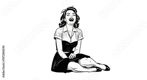 Vintage black and white line art illustration of a joyful pin-up woman sitting on the floor and laughing heartily with eyes closed, wearing a 1950s style blouse, skirt, and hair bow.
