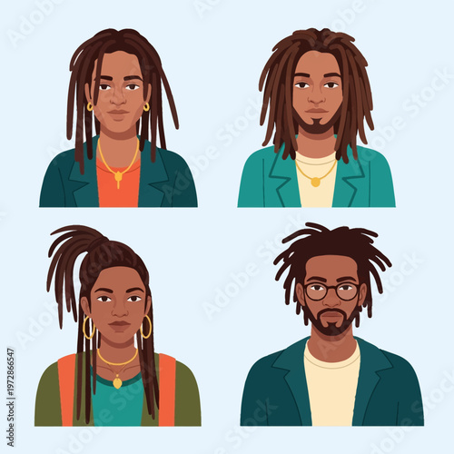 Vector illustration of four diverse Black individuals featuring various dreadlock hairstyles, including men and women wearing gold jewelry and modern jackets on a light blue background.