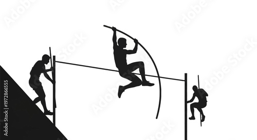 Black silhouette of three male pole vault athletes illustrating various stages of a jump, including the run-up, vaulting over the horizontal crossbar, and the descent on a white background.