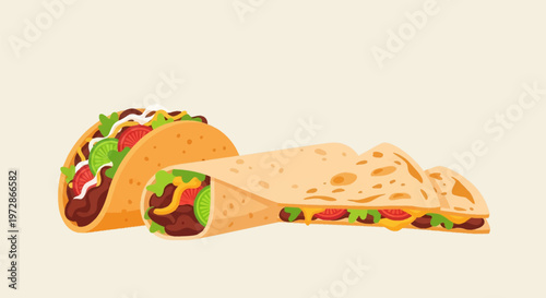 Flat vector illustration featuring a hard shell taco with beef and lettuce, a rolled burrito, and two quesadilla wedges, isolated on a light beige background for menu design.